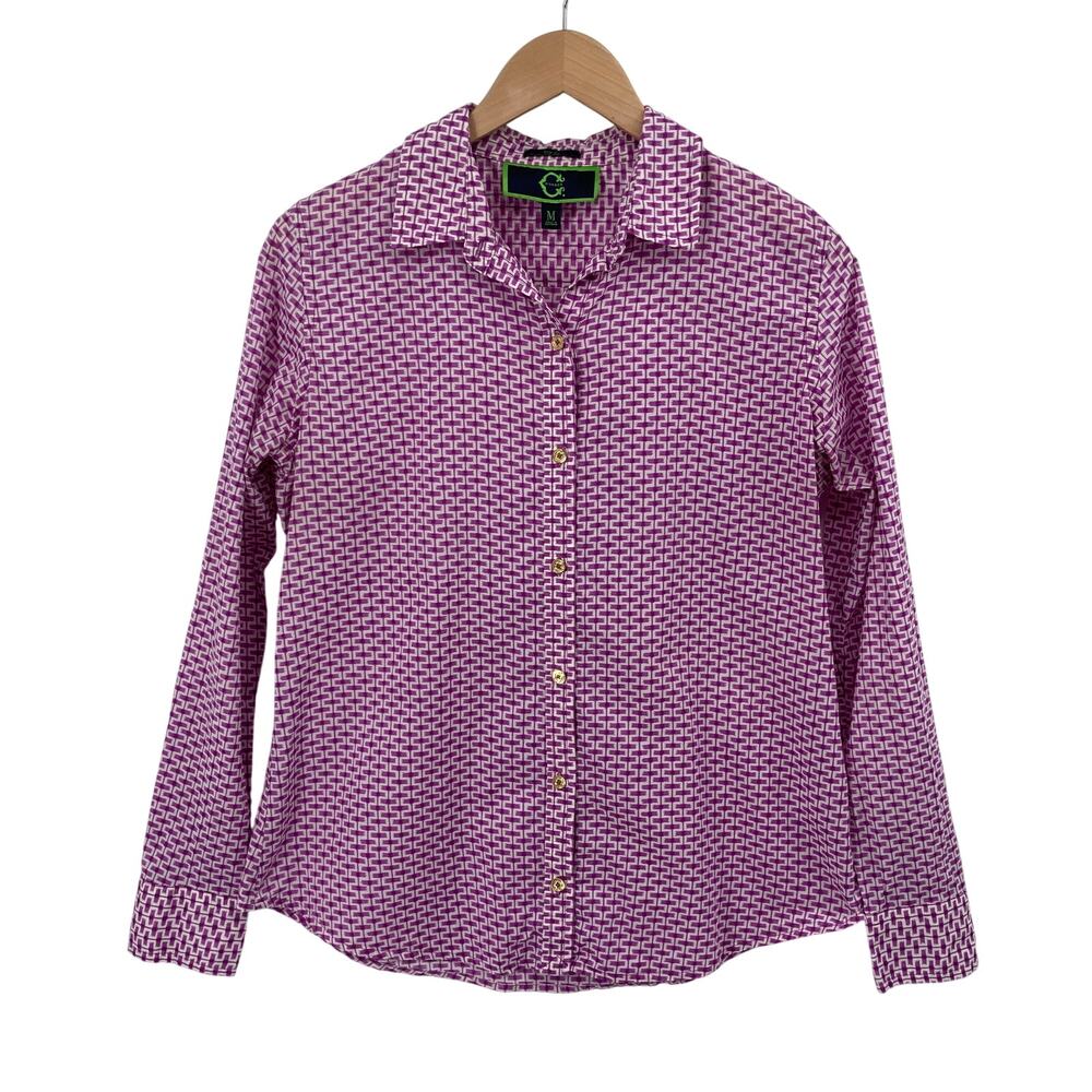 C. Wonder Women's M Purple White Geometric Cotton Button Front Shirt Career